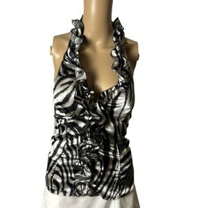 Ruffled halter top,L, smocked, tie back,coquette,shimmer,tiger print,retro, EC